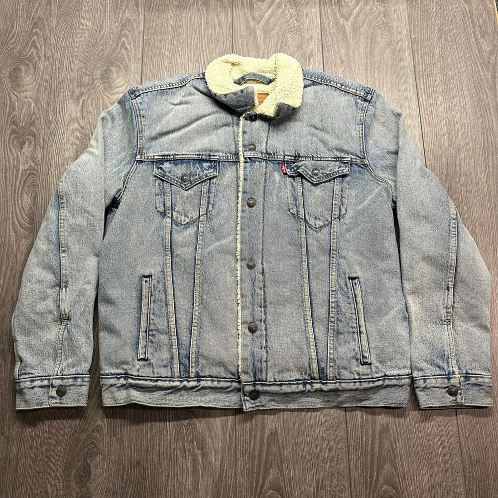 Levis Premium Sherpa Lined Denim Trucker Large Jacket Light Wash Blue Mens